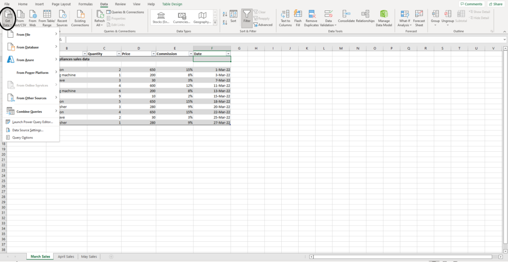 Get Data drop down menu in Excel
