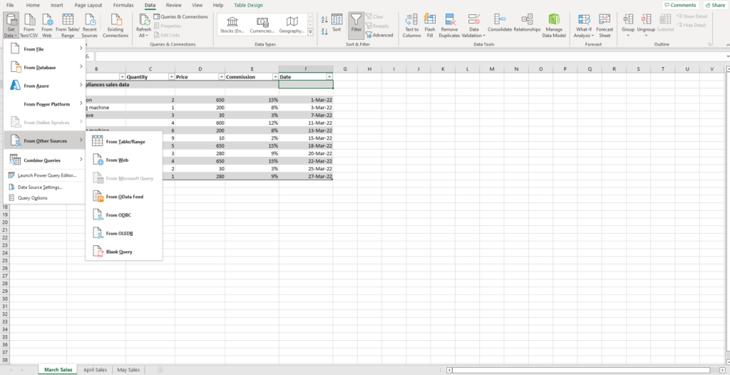 From other sources tab in Excel